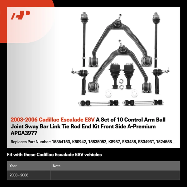 2003-2006 Cadillac Escalade ESV A Set of 10 Control Arm Ball Joint Sway Bar Link Tie Rod End Kit Front Side A-Premium APCA3977