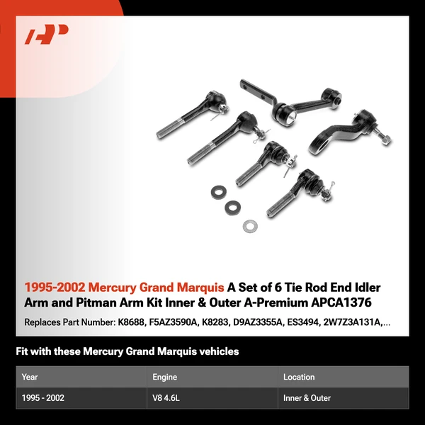 1995-2002 Mercury Grand Marquis A Set of 6 Tie Rod End Idler Arm and Pitman Arm Kit Inner & Outer A-Premium APCA1376