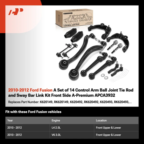 2010-2012 Ford Fusion A Set of 14 Control Arm Ball Joint Tie Rod and Sway Bar Link Kit Front Side A-Premium APCA3932