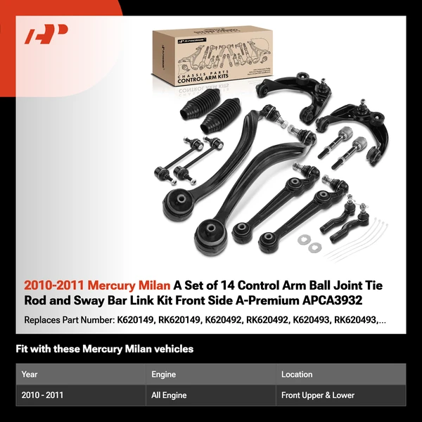 2010-2011 Mercury Milan A Set of 14 Control Arm Ball Joint Tie Rod and Sway Bar Link Kit Front Side A-Premium APCA3932