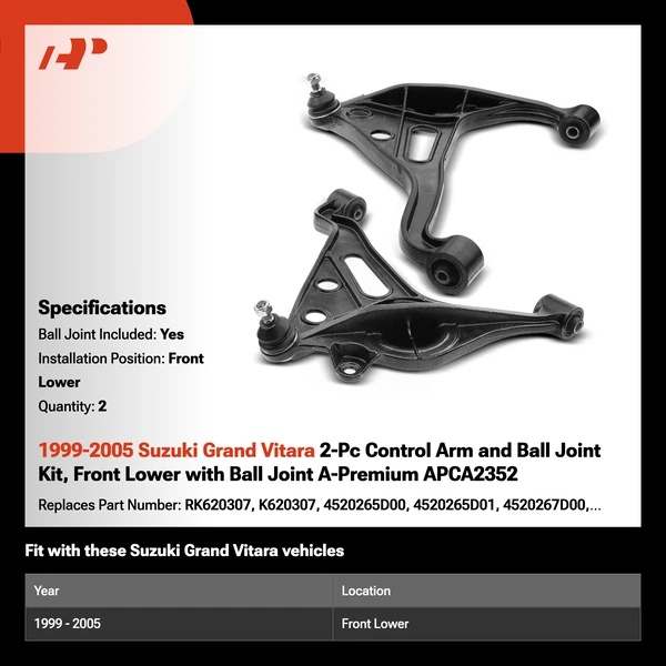 1999-2005 Suzuki Grand Vitara 2-Pc Control Arm and Ball Joint Kit, Front Lower with Ball Joint A-Premium APCA2352