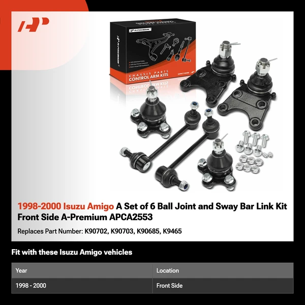 1998-2000 Isuzu Amigo A Set of 6 Ball Joint and Sway Bar Link Kit Front Side A-Premium APCA2553