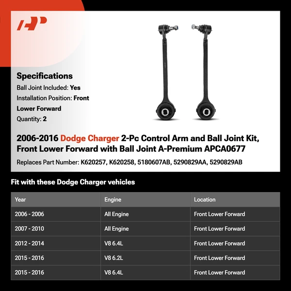 2006-2016 Dodge Charger 2-Pc Control Arm and Ball Joint Kit, Front Lower Forward with Ball Joint A-Premium APCA0677