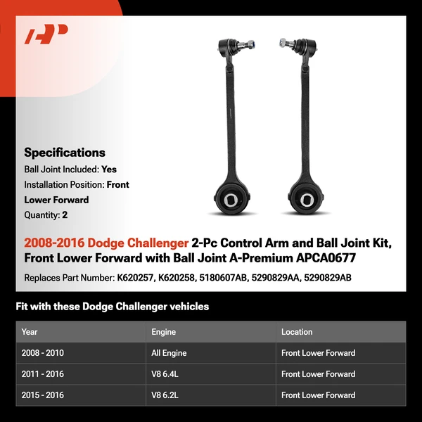 2008-2016 Dodge Challenger 2-Pc Control Arm and Ball Joint Kit, Front Lower Forward with Ball Joint A-Premium APCA0677
