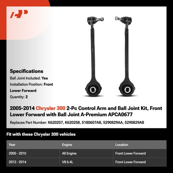 2005-2014 Chrysler 300 2-Pc Control Arm and Ball Joint Kit, Front Lower Forward with Ball Joint A-Premium APCA0677