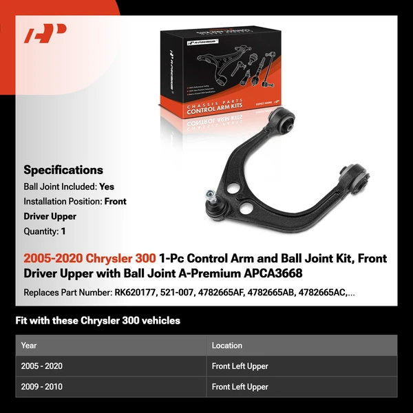 2005-2020 Chrysler 300 1-Pc Control Arm and Ball Joint Kit, Front Driver Upper with Ball Joint A-Premium APCA3668