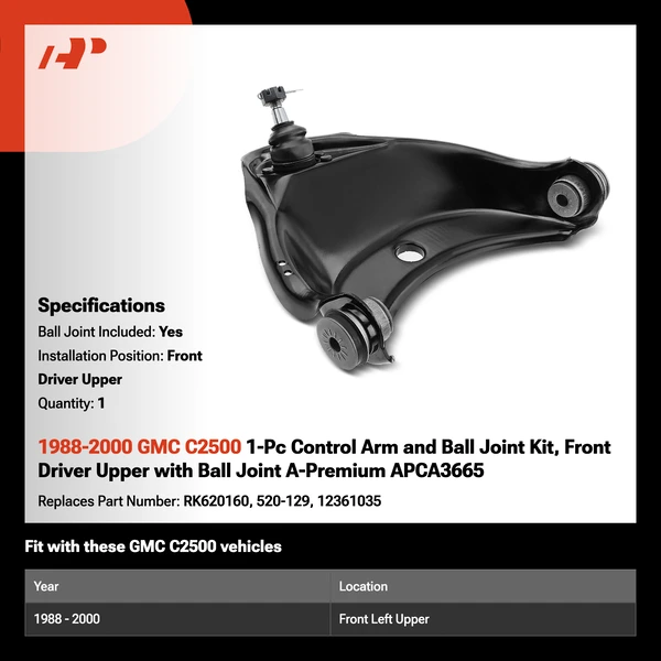 1988-2000 GMC C2500 1-Pc Control Arm and Ball Joint Kit, Front Driver Upper with Ball Joint A-Premium APCA3665