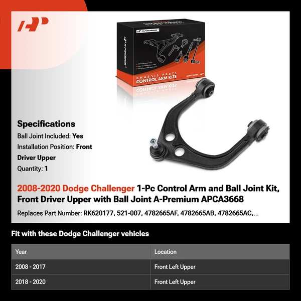 2008-2020 Dodge Challenger 1-Pc Control Arm and Ball Joint Kit, Front Driver Upper with Ball Joint A-Premium APCA3668