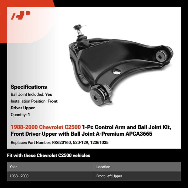 1988-2000 Chevrolet C2500 1-Pc Control Arm and Ball Joint Kit, Front Driver Upper with Ball Joint A-Premium APCA3665