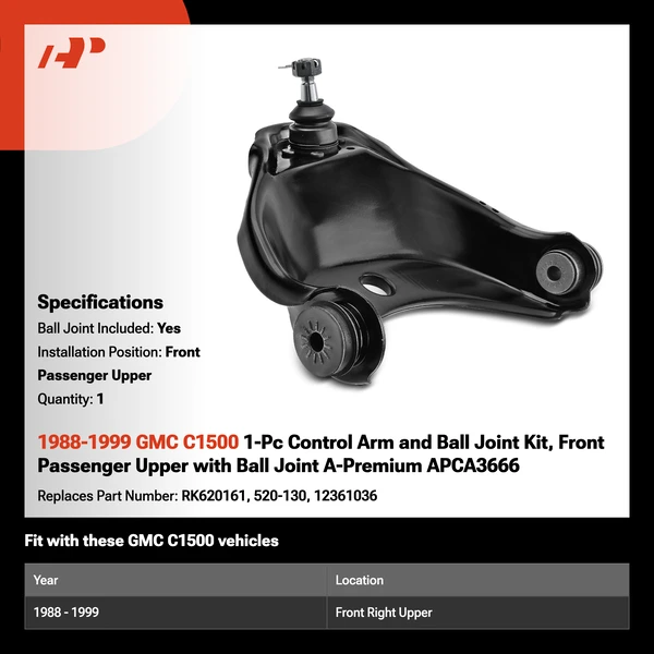 1988-1999 GMC C1500 1-Pc Control Arm and Ball Joint Kit, Front Passenger Upper with Ball Joint A-Premium APCA3666