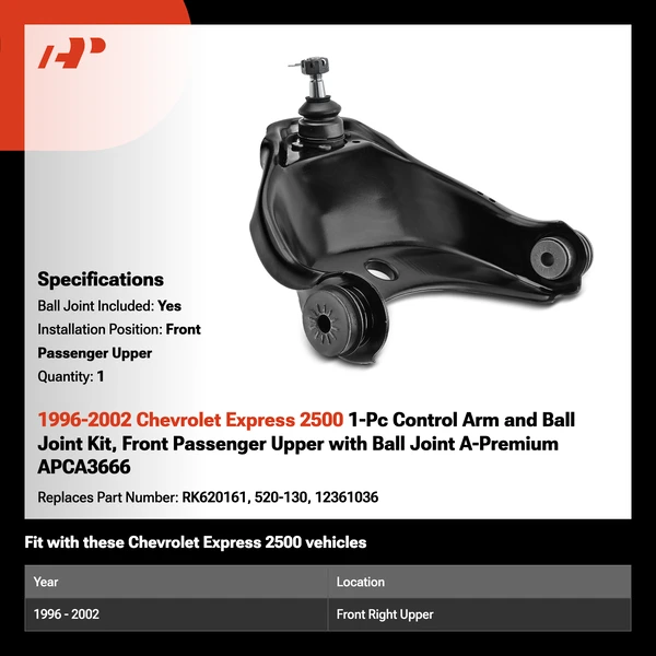 1996-2002 Chevrolet Express 2500 1-Pc Control Arm and Ball Joint Kit, Front Passenger Upper with Ball Joint A-Premium APCA3666