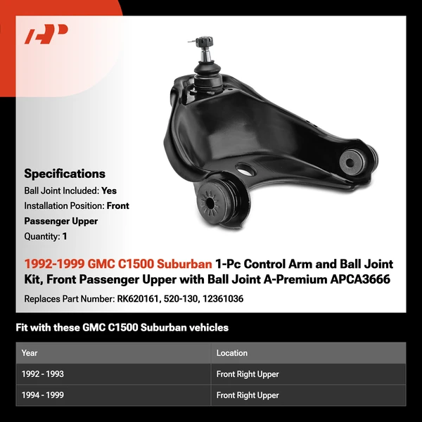 1992-1999 GMC C1500 Suburban 1-Pc Control Arm and Ball Joint Kit, Front Passenger Upper with Ball Joint A-Premium APCA3666