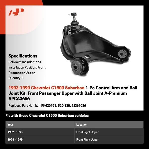 1992-1999 Chevrolet C1500 Suburban 1-Pc Control Arm and Ball Joint Kit, Front Passenger Upper with Ball Joint A-Premium APCA3666