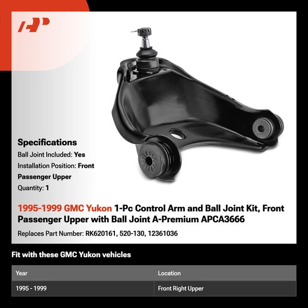 1995-1999 GMC Yukon 1-Pc Control Arm and Ball Joint Kit, Front Passenger Upper with Ball Joint A-Premium APCA3666