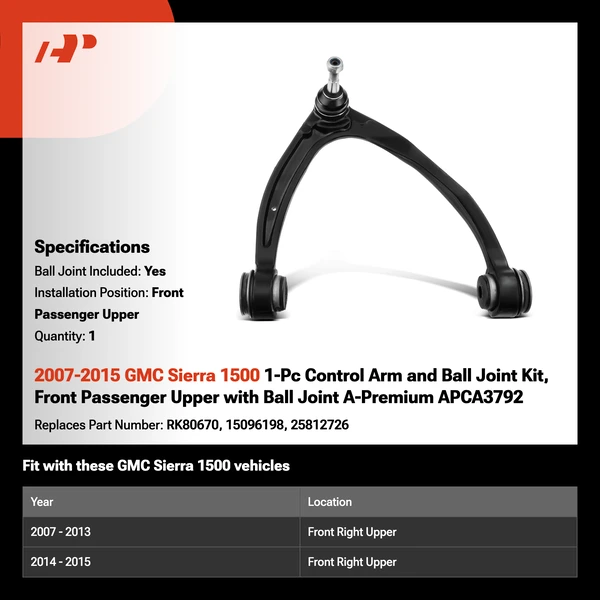 2007-2015 GMC Sierra 1500 1-Pc Control Arm and Ball Joint Kit, Front Passenger Upper with Ball Joint A-Premium APCA3792
