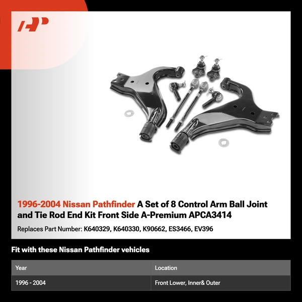 1996-2004 Nissan Pathfinder A Set of 8 Control Arm Ball Joint and Tie Rod End Kit Front Side A-Premium APCA3414
