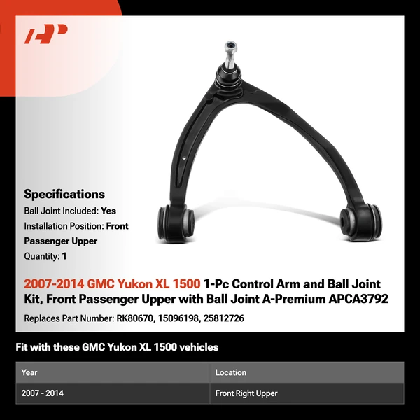 2007-2014 GMC Yukon XL 1500 1-Pc Control Arm and Ball Joint Kit, Front Passenger Upper with Ball Joint A-Premium APCA3792