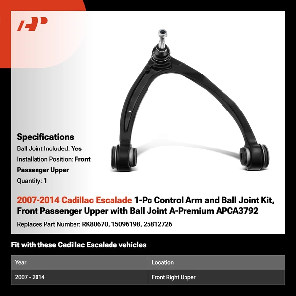 2007-2014 Cadillac Escalade 1-Pc Control Arm and Ball Joint Kit, Front Passenger Upper with Ball Joint A-Premium APCA3792