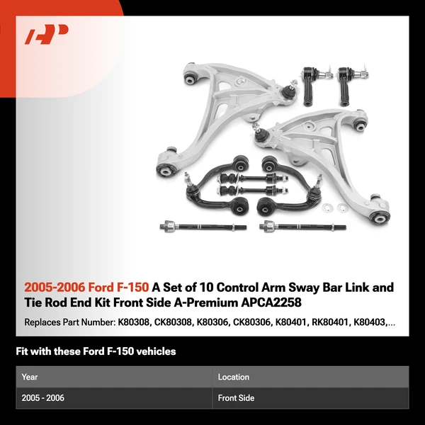 2005-2006 Ford F-150 A Set of 10 Control Arm Sway Bar Link and Tie Rod End Kit Front Side A-Premium APCA2258