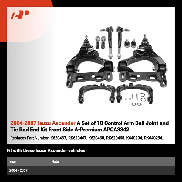 2004-2007 Isuzu Ascender A Set of 10 Control Arm Ball Joint and Tie Rod End Kit Front Side A-Premium APCA3342