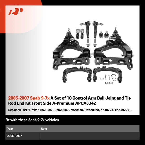 2005-2007 Saab 9-7x A Set of 10 Control Arm Ball Joint and Tie Rod End Kit Front Side A-Premium APCA3342