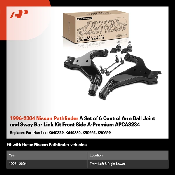 1996-2004 Nissan Pathfinder A Set of 6 Control Arm Ball Joint and Sway Bar Link Kit Front Side A-Premium APCA3234