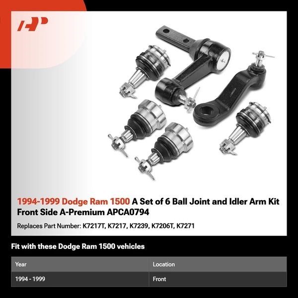 1994-1999 Dodge Ram 1500 A Set of 6 Ball Joint and Idler Arm Kit Front Side A-Premium APCA0794