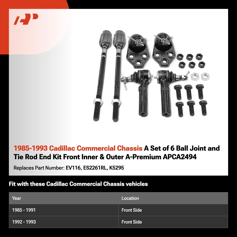 1985-1993 Cadillac Commercial Chassis A Set of 6 Ball Joint and Tie Rod End Kit Front Inner & Outer A-Premium APCA2494