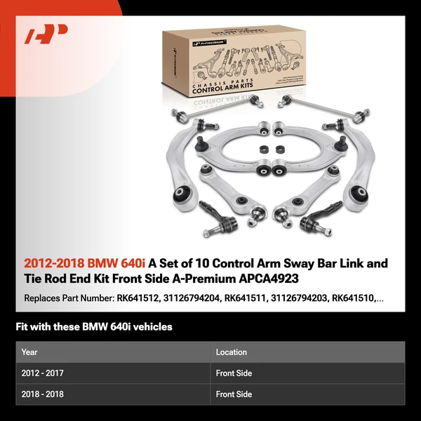 2012-2018 BMW 640i A Set of 10 Control Arm Sway Bar Link and Tie Rod End Kit Front Side A-Premium APCA4923
