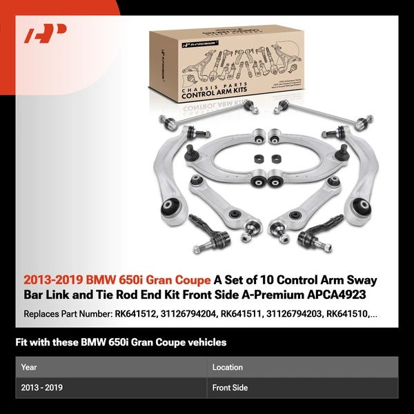 2013-2019 BMW 650i Gran Coupe A Set of 10 Control Arm Sway Bar Link and Tie Rod End Kit Front Side A-Premium APCA4923