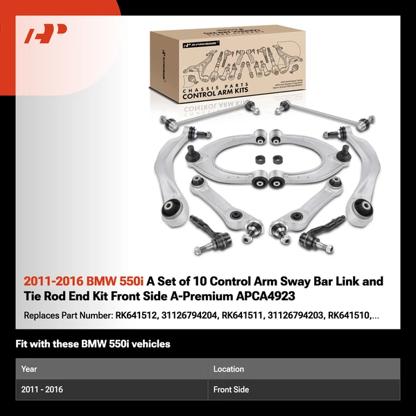 2011-2016 BMW 550i A Set of 10 Control Arm Sway Bar Link and Tie Rod End Kit Front Side A-Premium APCA4923