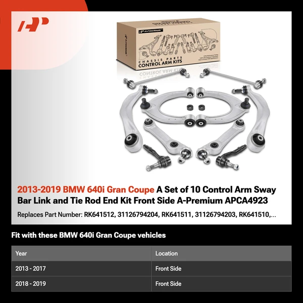 2013-2019 BMW 640i Gran Coupe A Set of 10 Control Arm Sway Bar Link and Tie Rod End Kit Front Side A-Premium APCA4923