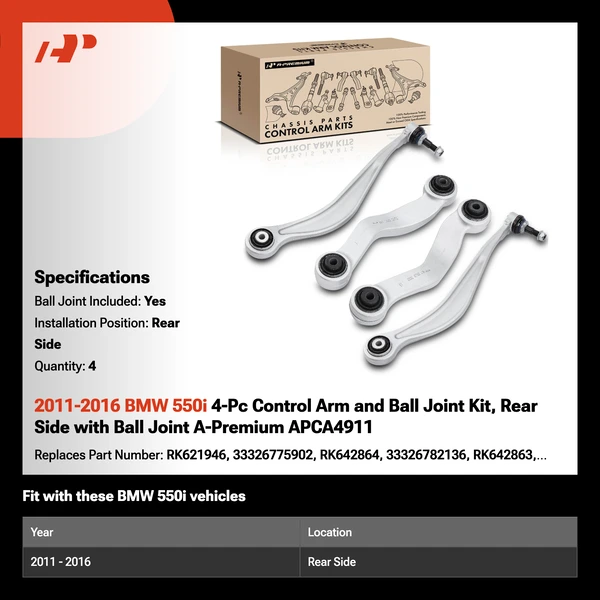 2011-2016 BMW 550i 4-Pc Control Arm and Ball Joint Kit, Rear Side with Ball Joint A-Premium APCA4911