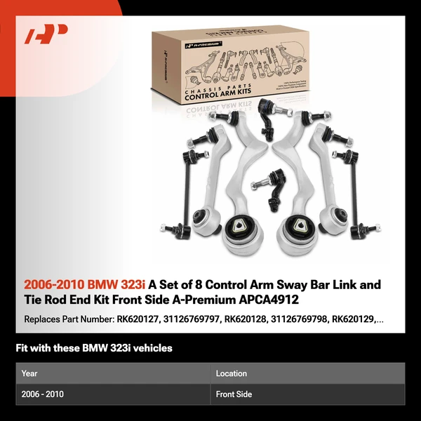 2006-2010 BMW 323i A Set of 8 Control Arm Sway Bar Link and Tie Rod End Kit Front Side A-Premium APCA4912