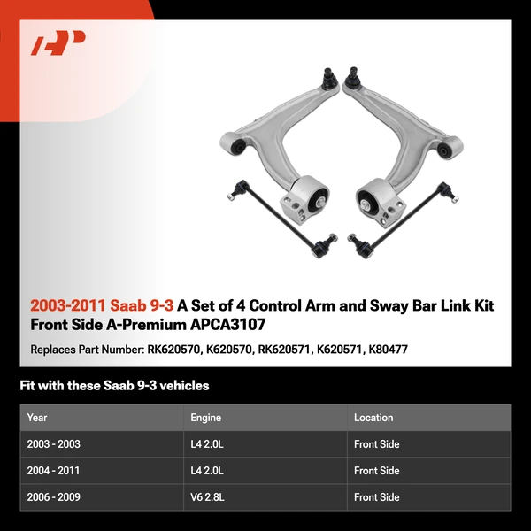 2003-2011 Saab 9-3 A Set of 4 Control Arm and Sway Bar Link Kit Front Side A-Premium APCA3107