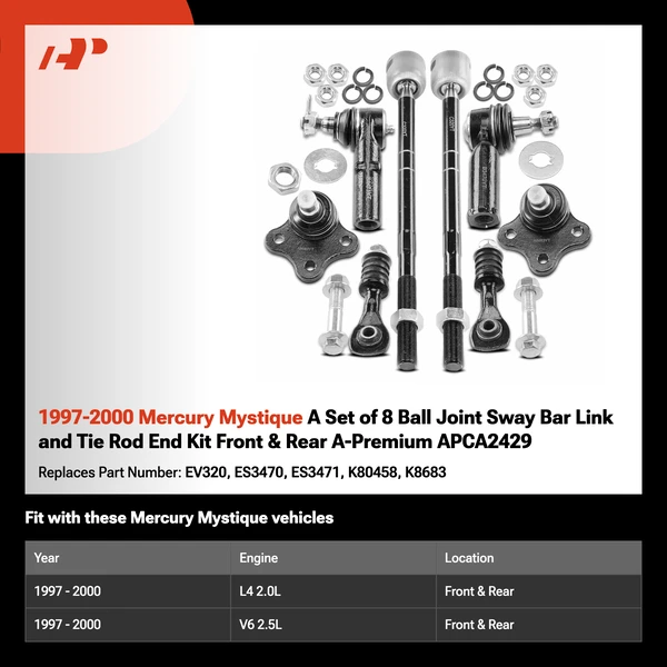 1997-2000 Mercury Mystique A Set of 8 Ball Joint Sway Bar Link and Tie Rod End Kit Front & Rear A-Premium APCA2429