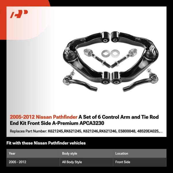 2005-2012 Nissan Pathfinder A Set of 6 Control Arm and Tie Rod End Kit Front Side A-Premium APCA3230