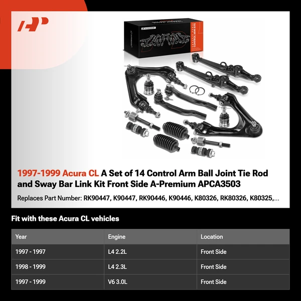 1997-1999 Acura CL A Set of 14 Control Arm Ball Joint Tie Rod and Sway Bar Link Kit Front Side A-Premium APCA3503