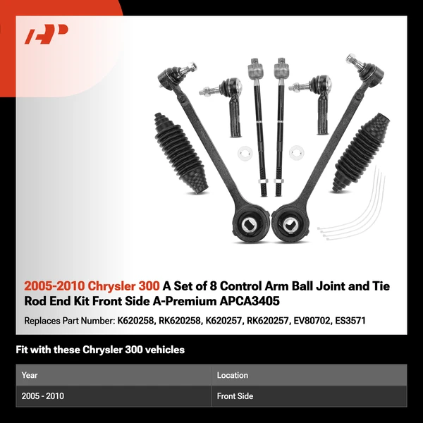 2005-2010 Chrysler 300 A Set of 8 Control Arm Ball Joint and Tie Rod End Kit Front Side A-Premium APCA3405