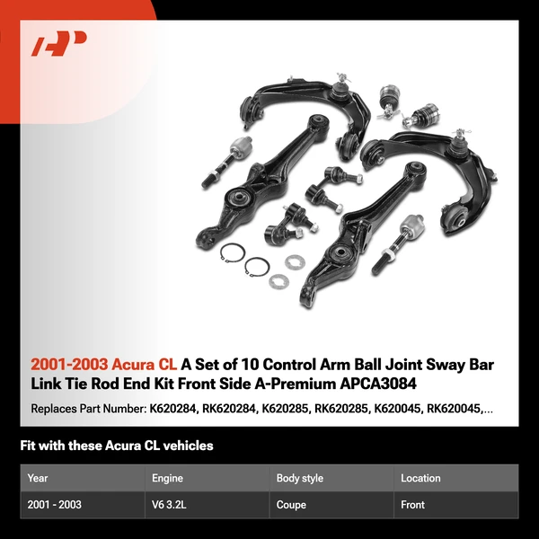 2001-2003 Acura CL A Set of 10 Control Arm Ball Joint Sway Bar Link Tie Rod End Kit Front Side A-Premium APCA3084