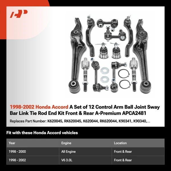 1998-2002 Honda Accord A Set of 12 Control Arm Ball Joint Sway Bar Link Tie Rod End Kit Front & Rear A-Premium APCA2481