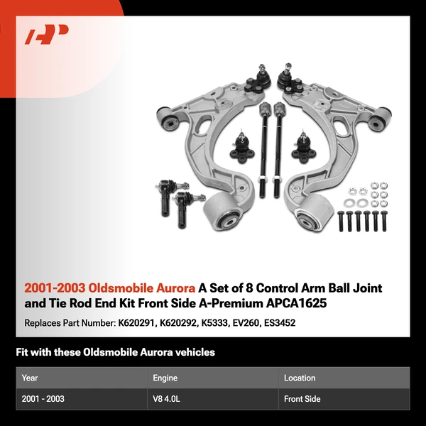 2001-2003 Oldsmobile Aurora A Set of 8 Control Arm Ball Joint and Tie Rod End Kit Front Side A-Premium APCA1625
