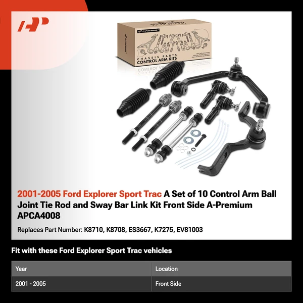 2001-2005 Ford Explorer Sport Trac A Set of 10 Control Arm Ball Joint Tie Rod and Sway Bar Link Kit Front Side A-Premium APCA4008