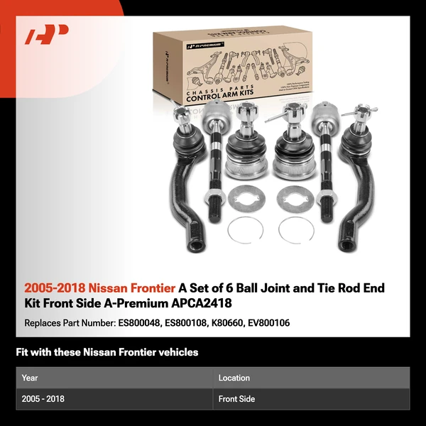 2005-2018 Nissan Frontier A Set of 6 Ball Joint and Tie Rod End Kit Front Side A-Premium APCA2418