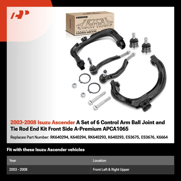 2003-2008 Isuzu Ascender A Set of 6 Control Arm Ball Joint and Tie Rod End Kit Front Side A-Premium APCA1065