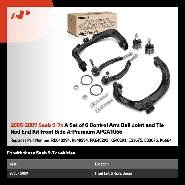 2005-2009 Saab 9-7x A Set of 6 Control Arm Ball Joint and Tie Rod End Kit Front Side A-Premium APCA1065