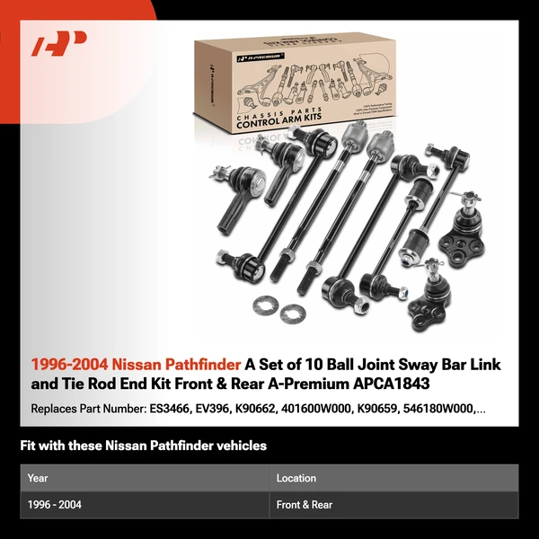 1996-2004 Nissan Pathfinder A Set of 10 Ball Joint Sway Bar Link and Tie Rod End Kit Front & Rear A-Premium APCA1843