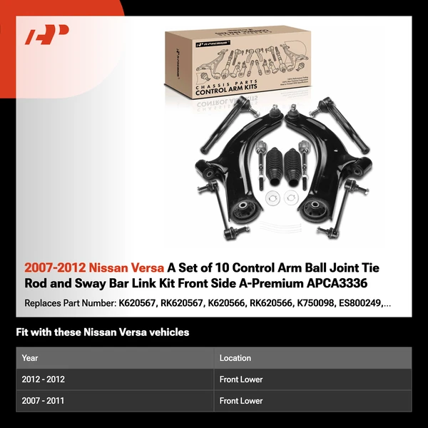 2007-2012 Nissan Versa A Set of 10 Control Arm Ball Joint Tie Rod and Sway Bar Link Kit Front Side A-Premium APCA3336
