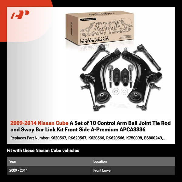 2009-2014 Nissan Cube A Set of 10 Control Arm Ball Joint Tie Rod and Sway Bar Link Kit Front Side A-Premium APCA3336