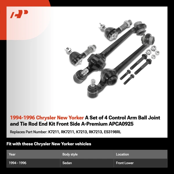 1994-1996 Chrysler New Yorker A Set of 4 Control Arm Ball Joint and Tie Rod End Kit Front Side A-Premium APCA0925